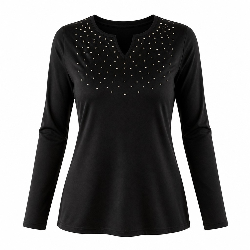Quacker Factory Velour Top Women L Black Rhinestone V-Neck Long Sleeve